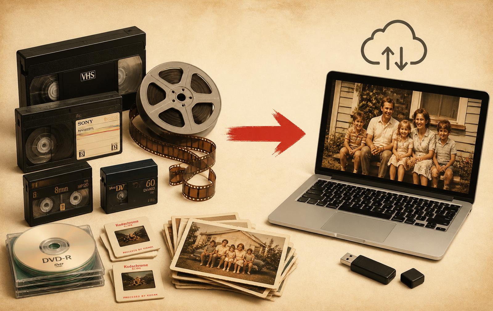 Cintas VHS, Betamax, carretes de cine, Polaroids y diapositivas apiladas junto a una laptop moderna